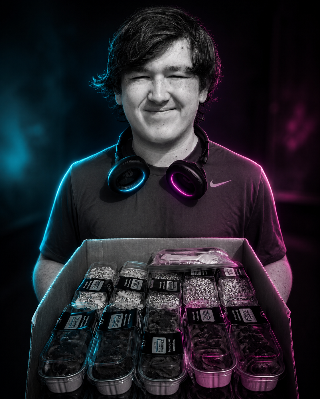 Bryceson holding Level Up Bakery treats